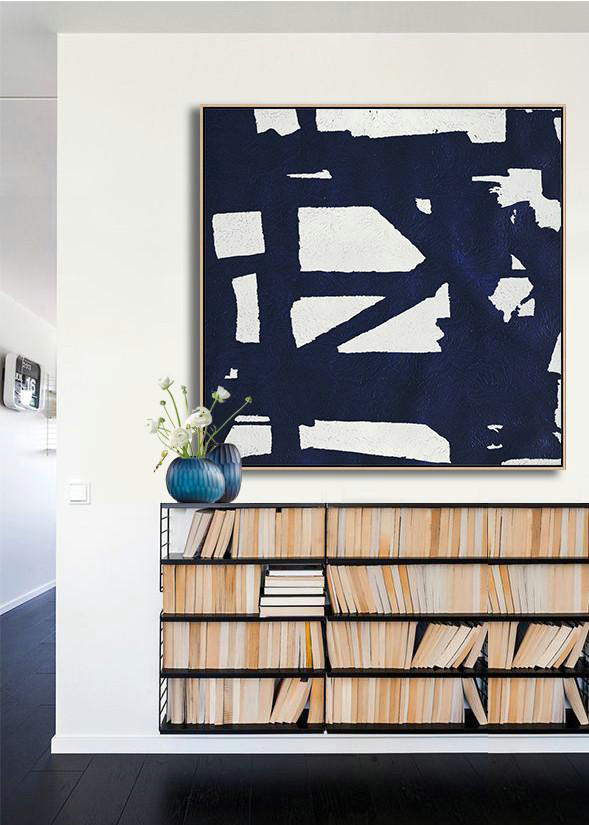 Large Abstract Art Handmade Painting,Hand Painted Navy Minimalist Painting On Canvas,Artwork For Sale